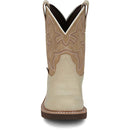 A front view of a beige Justin Brand cowboy boot with brown accents on a white background.