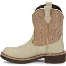 A instep side view of a beige Justin Brand cowboy boot with brown accents on a white background.