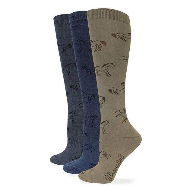 Three pairs of ladies' crew socks in Charcoal, Denim, and Taupe colors, each featuring a horse pattern.