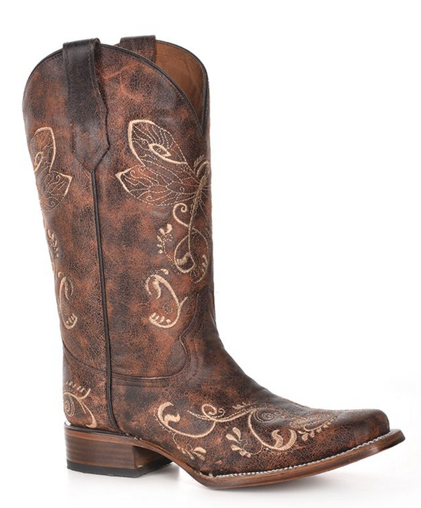 Women's Circle G by Corral 11" Brown Bone Dragonfly Embroidery Square Toe
