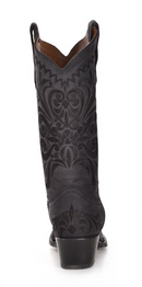 Back view of a black snip toe western boot with black floral embroidery stitching boot
