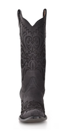 Front view of a black snip toe western boot with black floral embroidery stitching boot