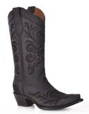 Profile view of a black snip toe western boot with black floral embroidery stitching boot