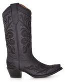 Side view of a black snip toe western boot with black floral embroidery stitching boot