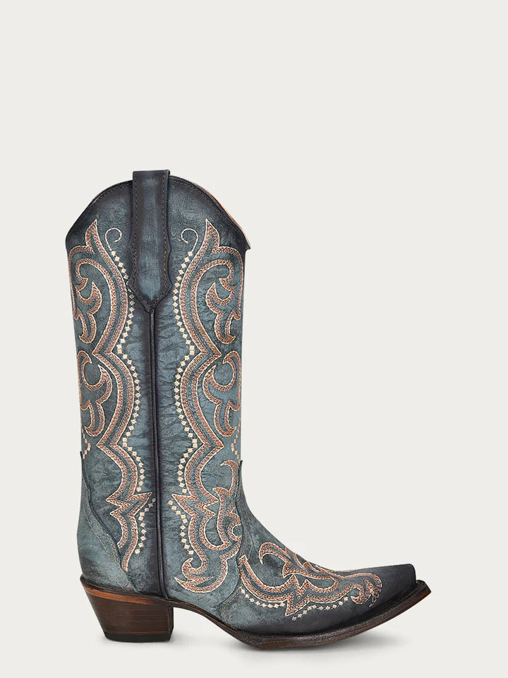 Women's Circle G 13 Inch Shaft Blue Jean Embroidery Stitch Pattern Snip Toe Boot CLOSEOUT