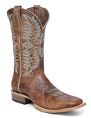 Profile view of a tan embroidered wide square toe boot