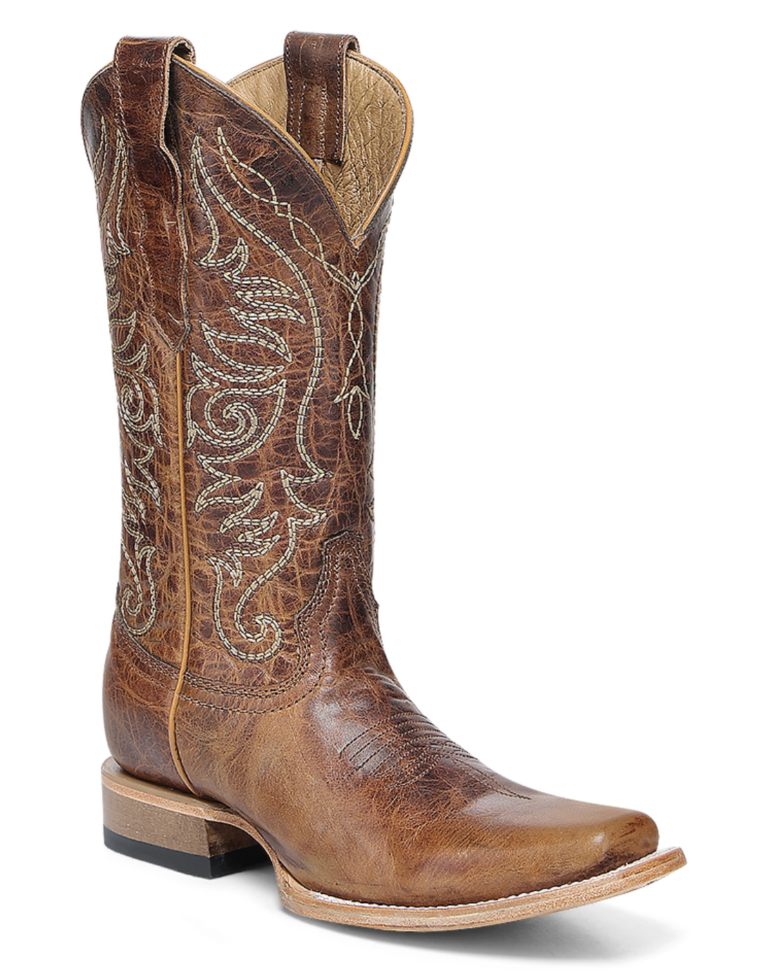 Profile view of a tan embroided square toe boot