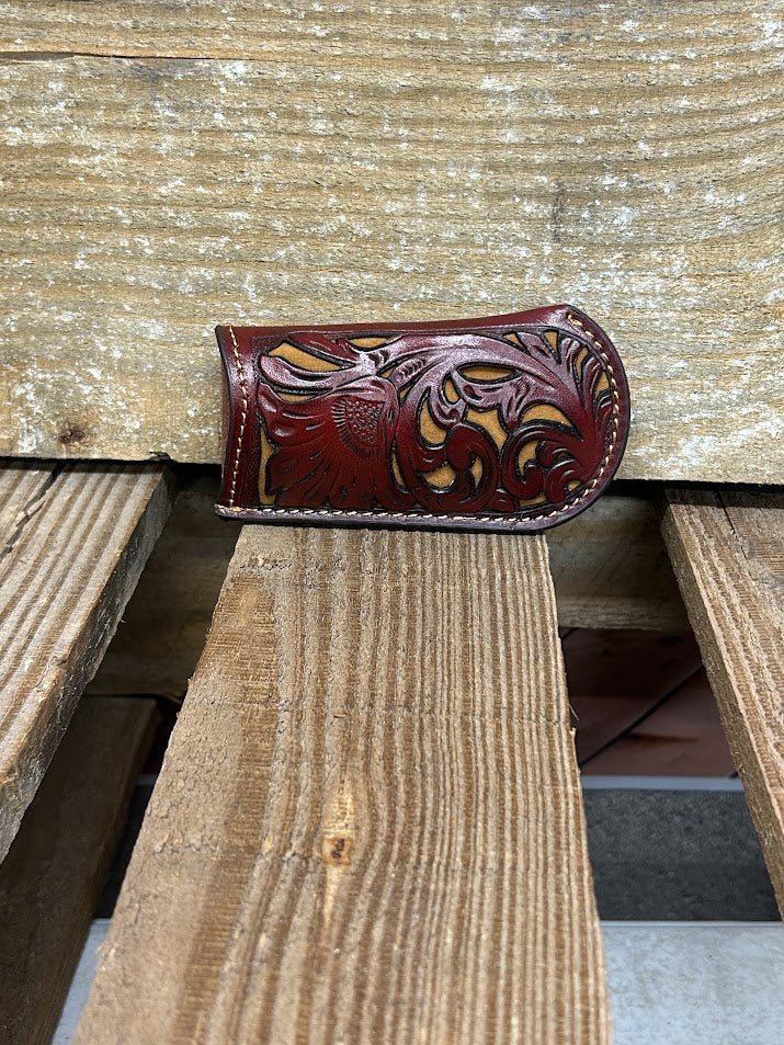 Brown tooled leather knife sheath with Light Brown inlay. Front View