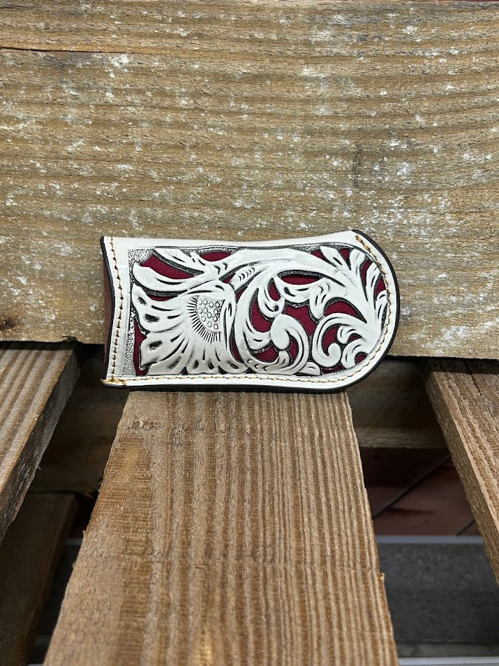 Beige tooled leather knife sheath with Maroon inlay. Front View