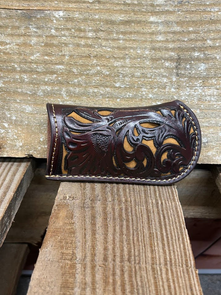 Coffee Brown tooled leather knife sheath with Light Brown inlay.  Front View