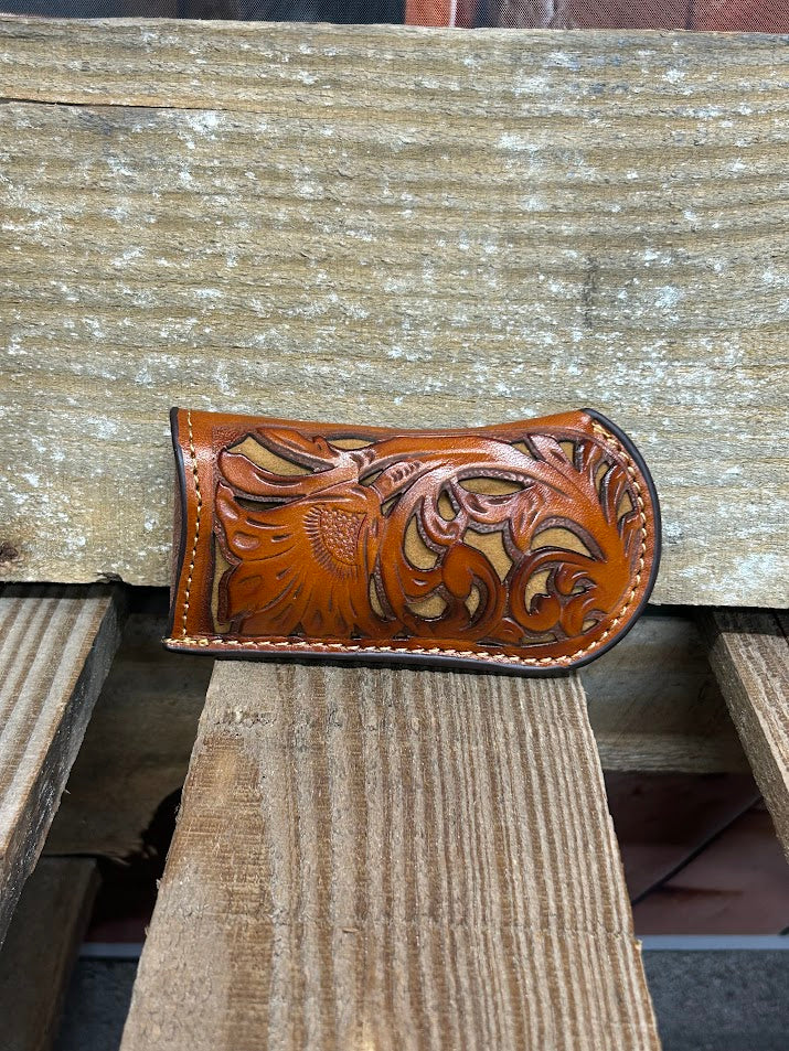 Light Brown tooled leather knife sheath with Light Brown inlay. Front View