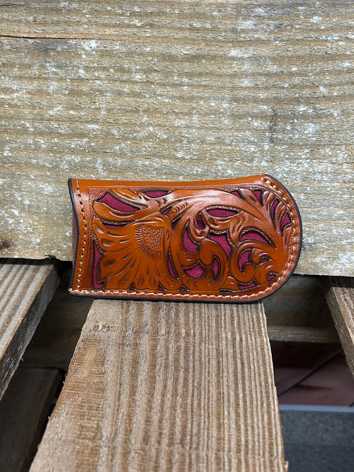 Light Brown tooled leather knife sheath with Maroon inlay. Front View