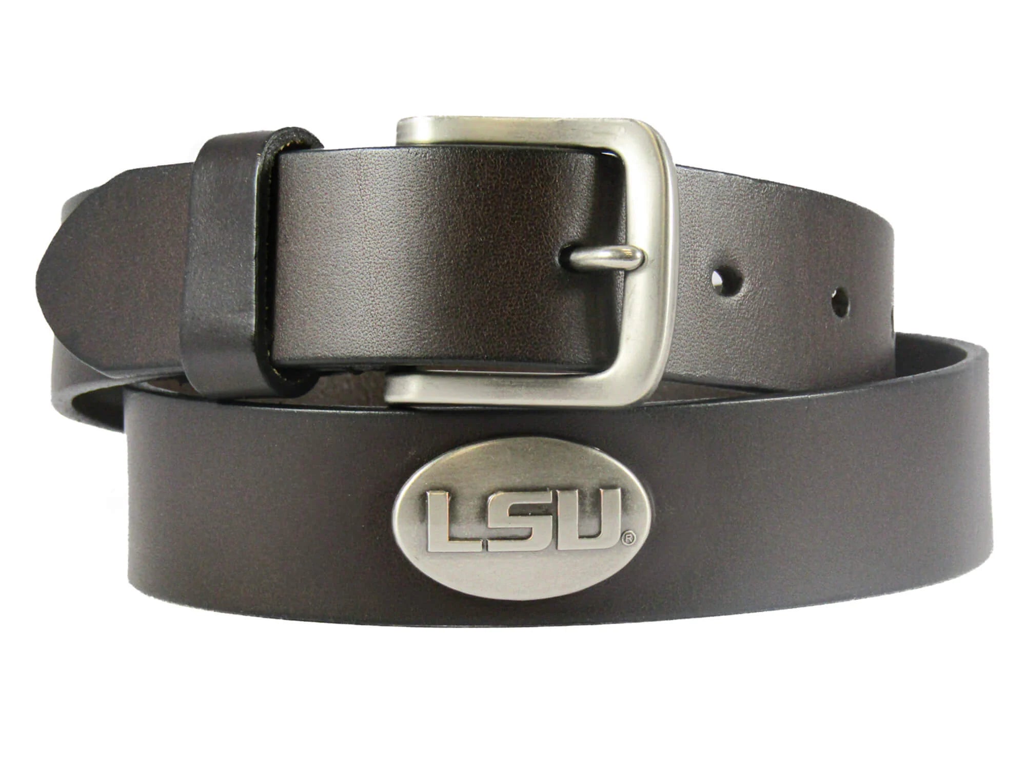 A Zep-Pro brown leather belt rolled up to show a silver metal buckle and an oval LSU silver tone concho. 