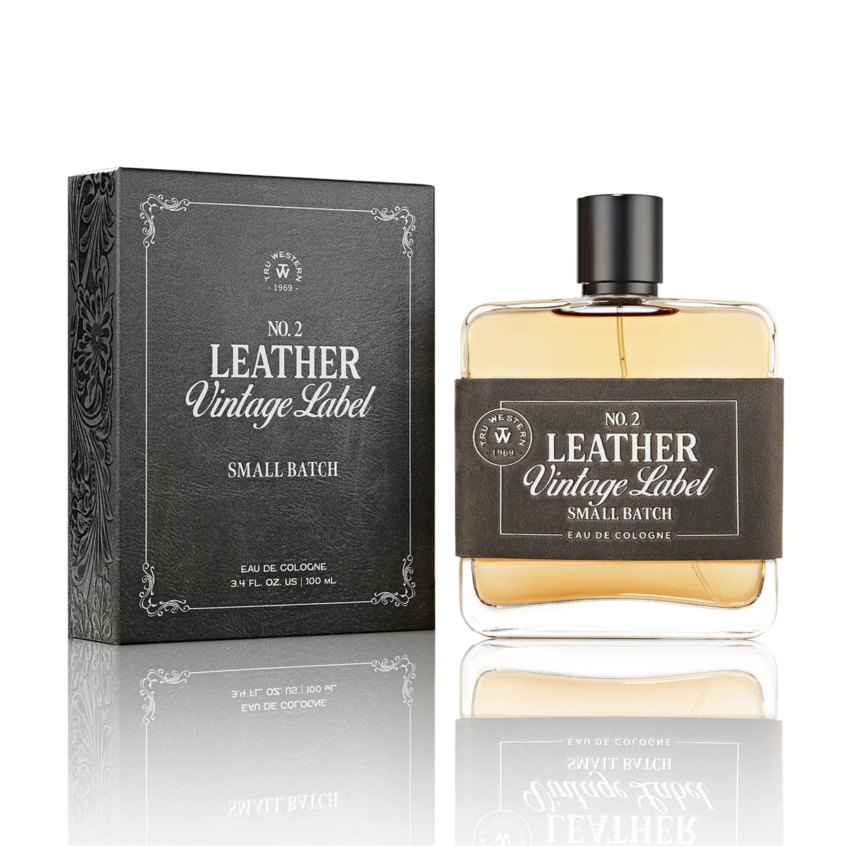Bottle of Leather Vintage Label No.2 cologne showing packaging