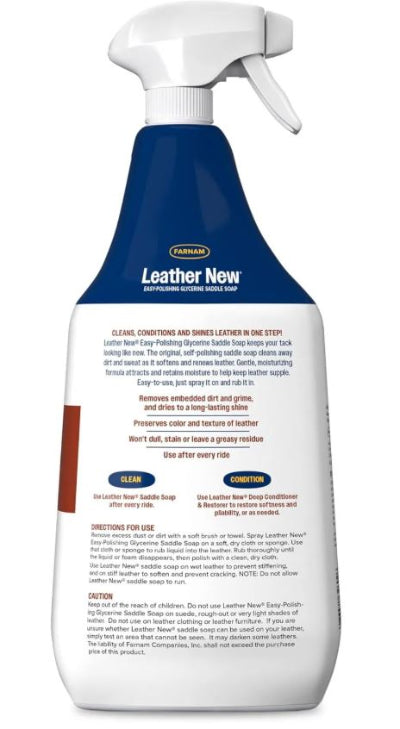 Back view of bottle of Leather New liquid glycerine saddle soap showing label information.