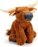Plush toy seated longhorn cow with off white horns, beige ear lining, a gray smiling muzzle, and a light tan tail tassle.
Front view.