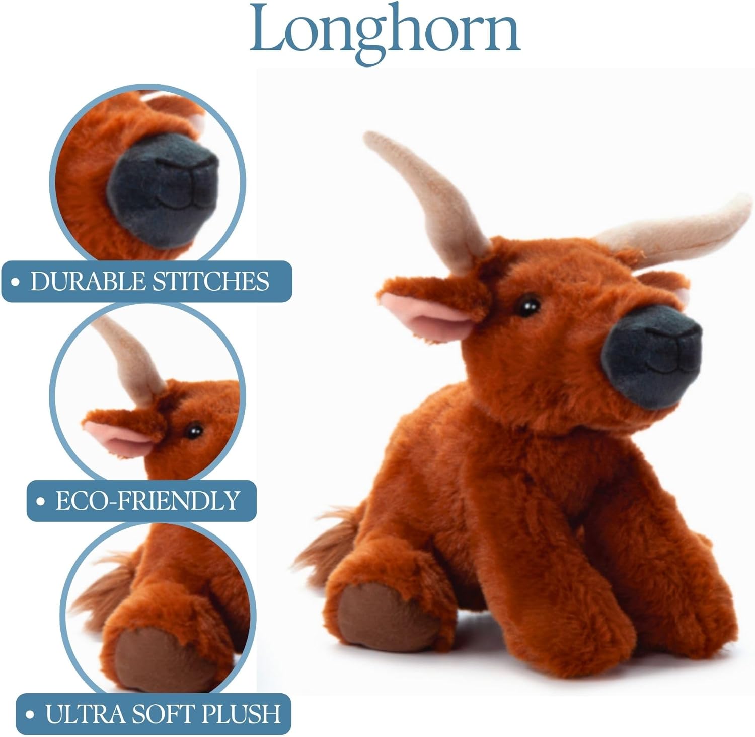 Plush toy seated longhorn cow with off white horns, beige ear lining, a gray smiling muzzle, and a light tan tail tassle.
Also shows closeups of muzzle, ear and horn, and foot.