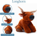 Plush toy seated longhorn cow with off white horns, beige ear lining, a gray smiling muzzle, and a light tan tail tassle.
Also shows closeups of muzzle, ear and horn, and foot.