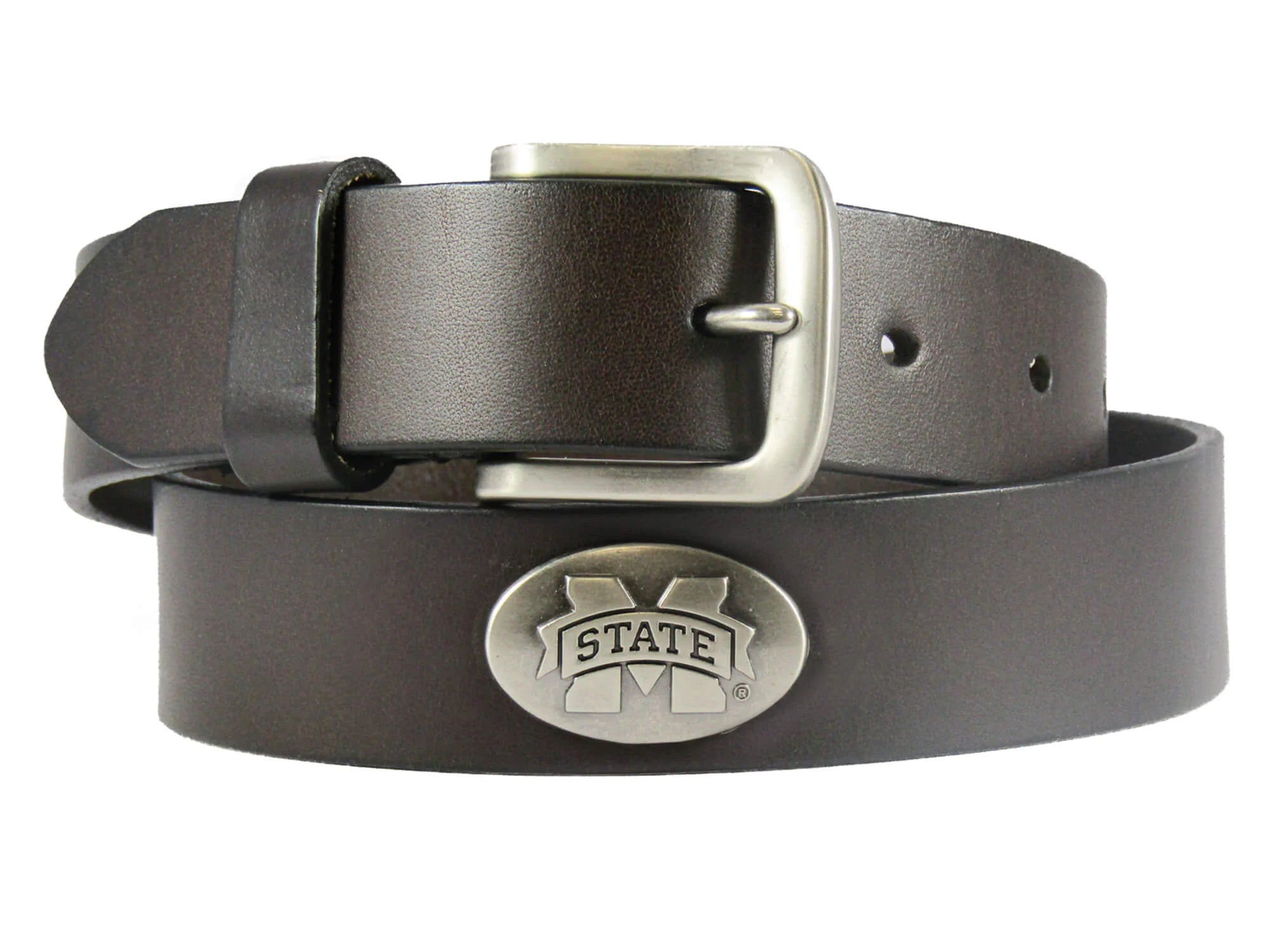 A Zep-Pro brown leather belt  rolled up to show a silver metal buckle and an oval M State silver tone concho 