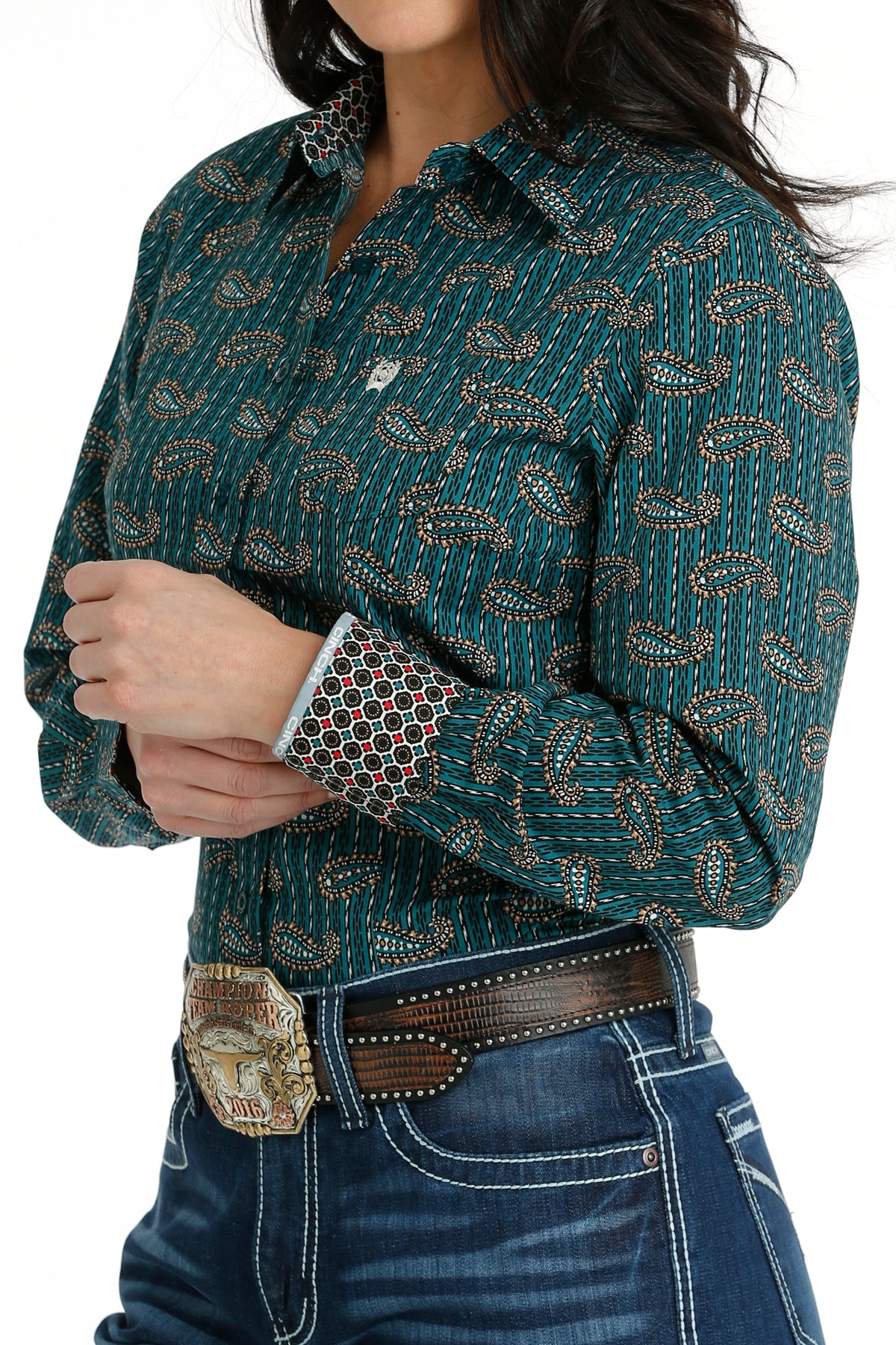 Women's Cinch MSW9164209 Teal Multi-Colored Paisley Button Down Western Shirt CLOSEOUT