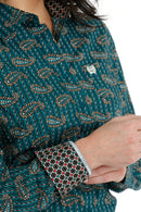 Women's Cinch MSW9164209 Teal Multi-Colored Paisley Button Down Western Shirt CLOSEOUT