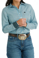 Women's Cinch MSW9164216 TENCEL Blue/Black/White Stripe Button Down Western Shirt