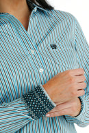 Women's Cinch MSW9164216 TENCEL Blue/Black/White Stripe Button Down Western Shirt