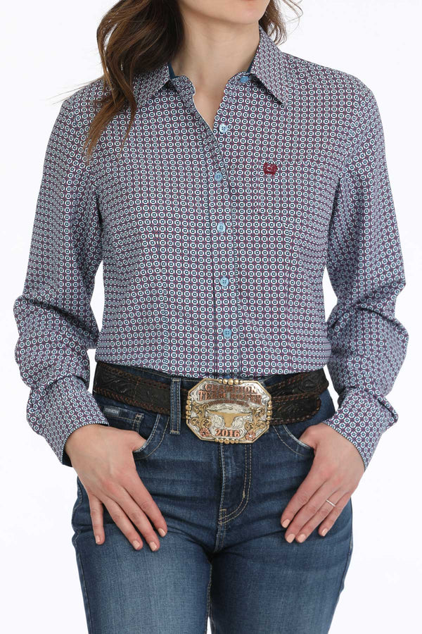 Women's Cinch blue multicolor long sleeve shirt with spread collar, front button placket, small left chest pocket with open top and dark fuschia embroidered logo. Full front view.
