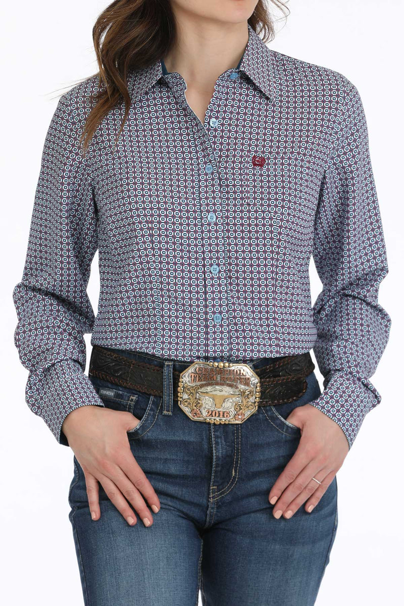 Women's Cinch blue multicolor long sleeve shirt with spread collar, front button placket, small left chest pocket with open top and dark fuschia embroidered logo. Full front view.