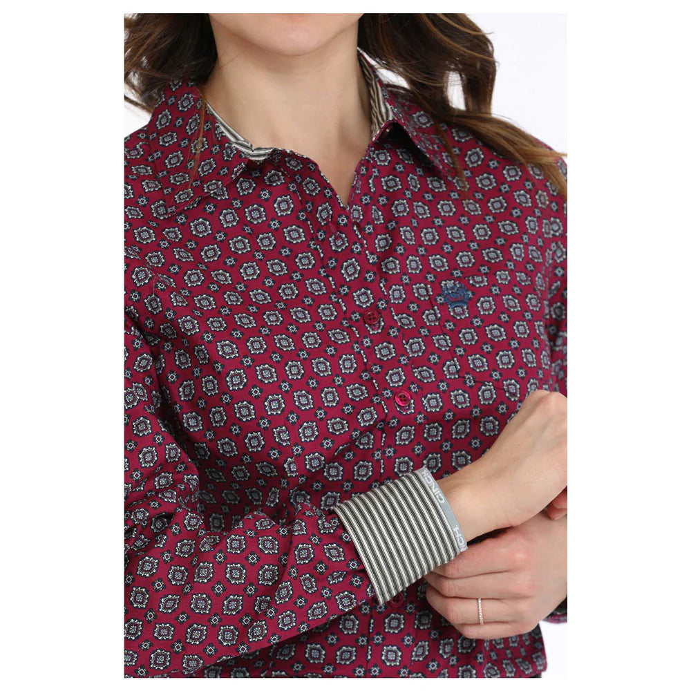 Women's Cinch Burgundy Print Button Long Sleeve Western Shirt DISCONTINUED