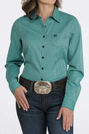 Women's Cinch long sleeve shirt teal with dark teal pinstripe, teal buttons, small left chest pocket with teal logo embroidery, and open collar. Front view.