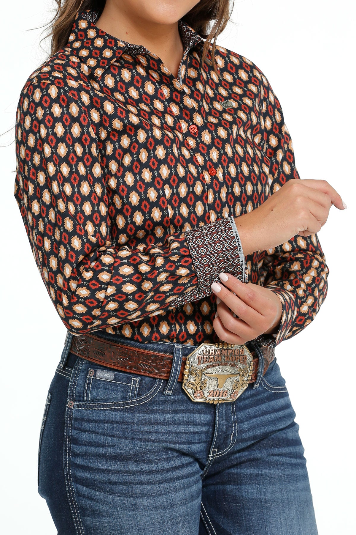 Women's Cinch MSW9165038 Navy Multi-Colored Print Button Down Western Shirt CLOSEOUT