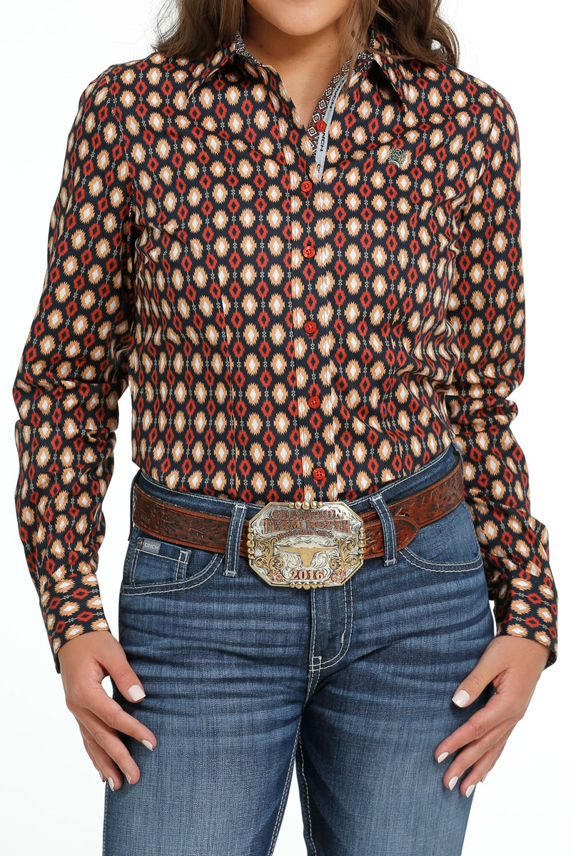 Women's Cinch MSW9165038 Navy Multi-Colored Print Button Down Western Shirt CLOSEOUT