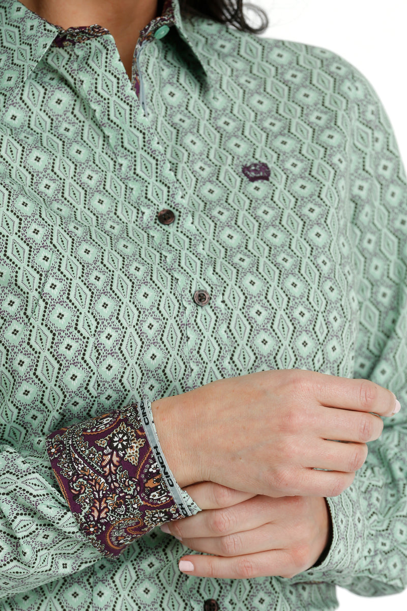 Women's Cinch MSW9165043 Lime Green/Brown Button Down Western Shirt