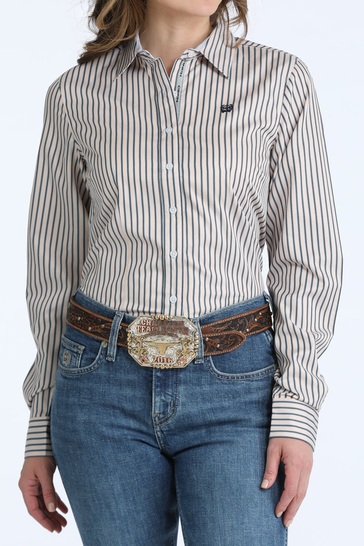Women's Cinch White/Navy/Peach Stripe Button Down Western Shirt