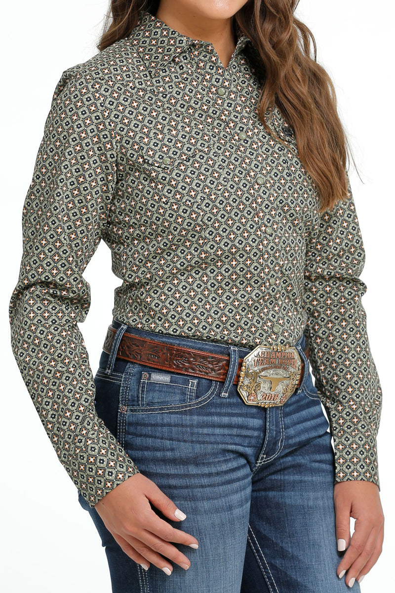 Women's Cinch MSW9201044 Olive Multi-Colored Print Button Down Western Shirt CLOSEOUT