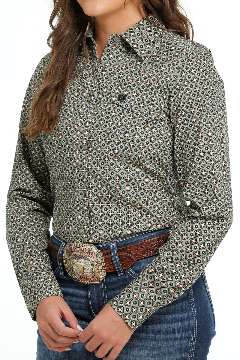 Women's Cinch MSW9201044 Olive Multi-Colored Print Button Down Western Shirt CLOSEOUT
