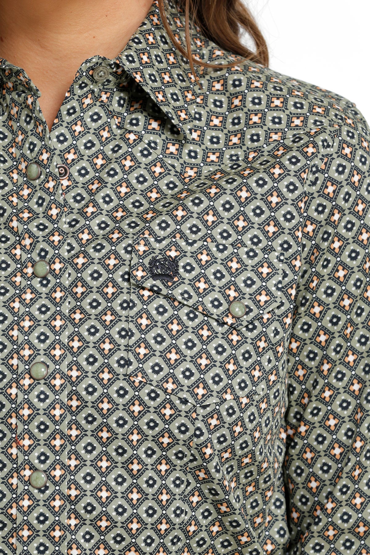 Women's Cinch MSW9201044 Olive Multi-Colored Print Button Down Western Shirt CLOSEOUT
