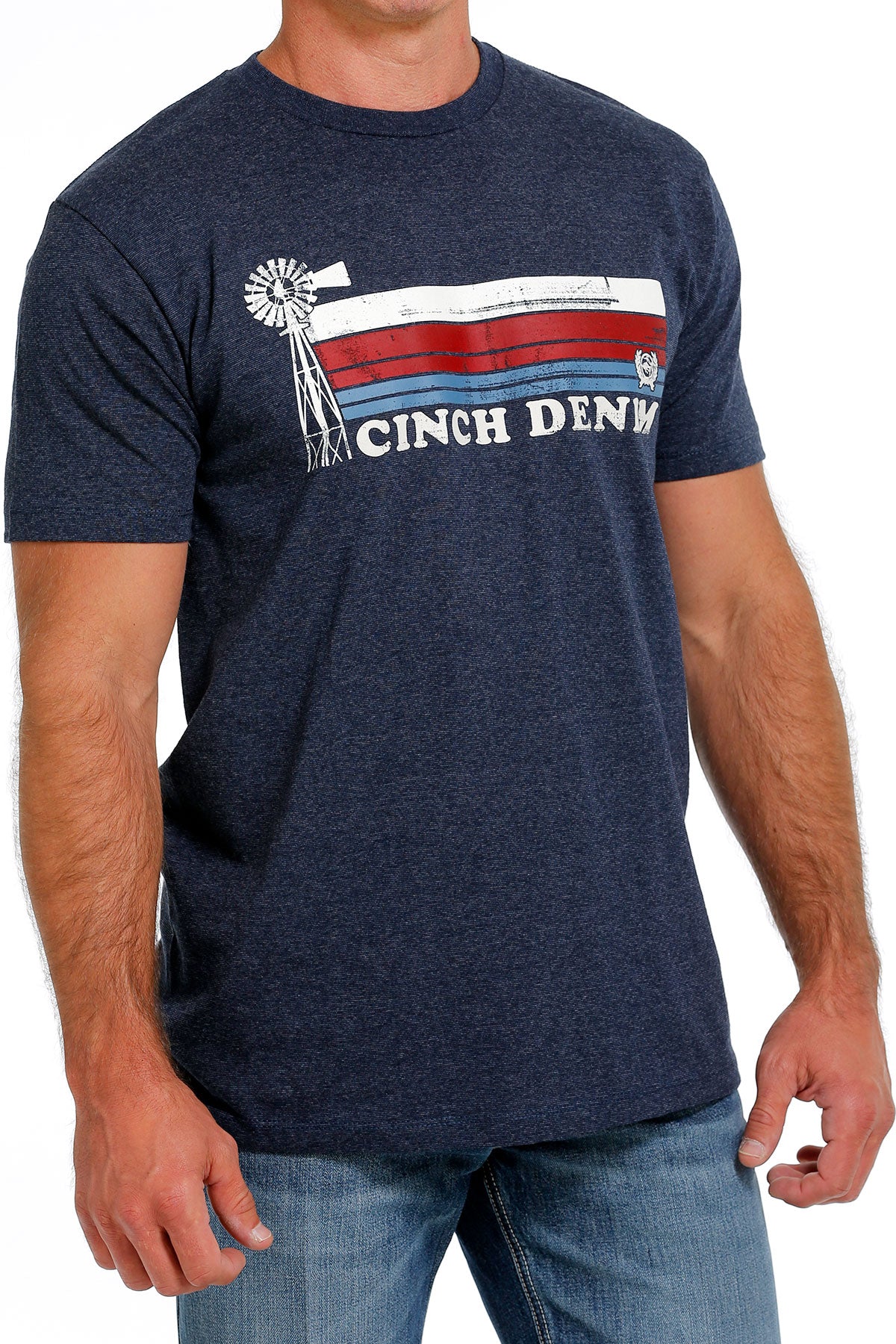 Men's navy Cinch crew neck tee with screen print stripe logo on chest. Front right view.