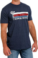 Men's navy Cinch crew neck tee with screen print stripe logo on chest. Front right view.