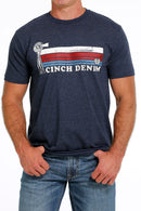 Men's Cinch navy crew neck tee with chest stripe screen print logo. Front view.