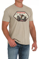 Men's Cinch khaki vintage chest logo crew neck tee shirt with short sleeves. Front view.