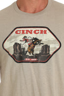 Men's Cinch khaki vintage chest logo crew neck tee shirt with short sleeves. Front closeup view.