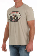 Men's Cinch khaki vintage chest logo crew neck tee shirt with short sleeves. Front left view.