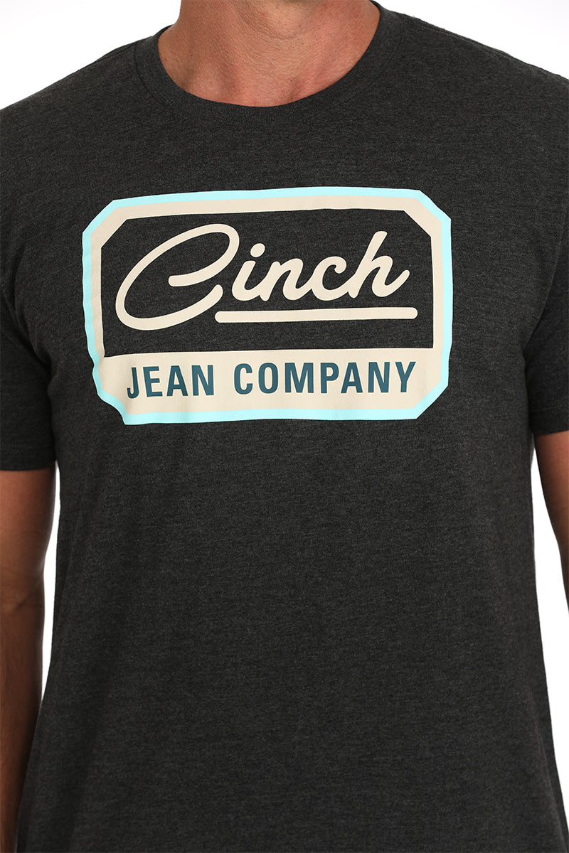 Men's Cinch crew neck tee with screen print logo on chest. Close up front view.