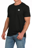 Men's Cinch black crew neck tee with screen print logo on chest. Front right view.