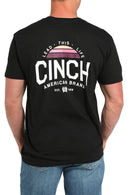 Men's Cinch black crew neck tee with large screen print logo on upper back. 