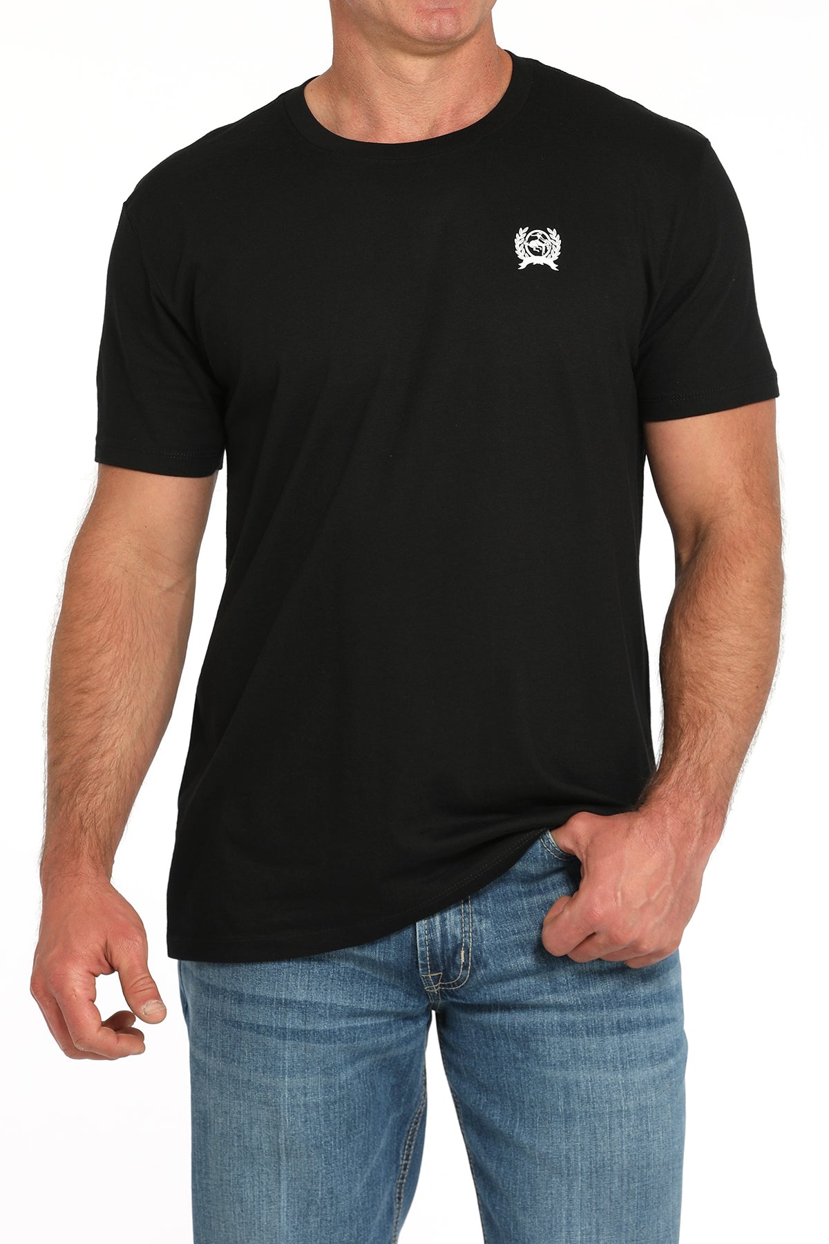 Men's Cinch black crew neck tee with small screen print logo on left chest. Front view.