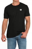 Men's Cinch black crew neck tee with small screen print logo on left chest. Front view.
