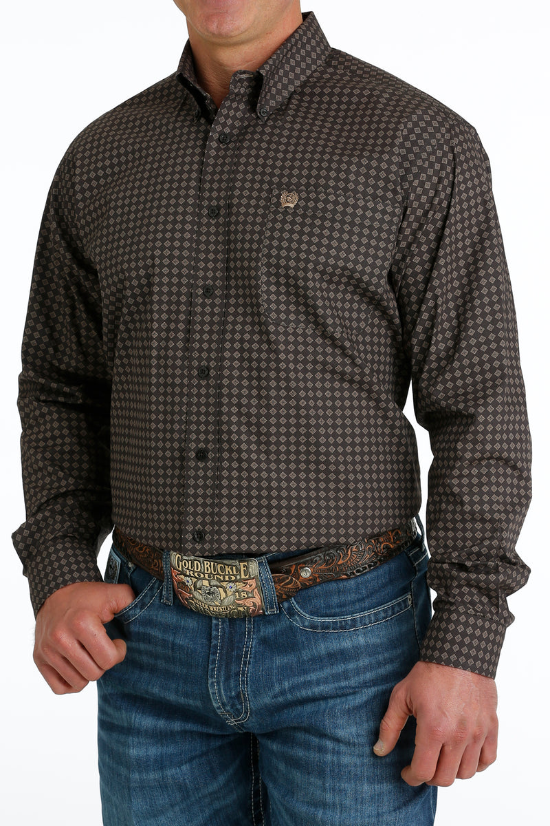Men's Cinch MTW1105655 Brown Print Button Down Long Sleeve Shirt